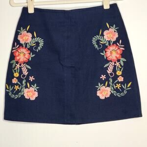 Mi Ami Floral Embroidered Denim Mini Skirt Dark Wash M Boho Y2K 28